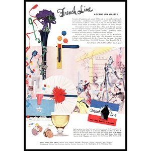 1953 French Line Cruises Cruise Line Vintage Print Ad Food Menu Party Wall Art